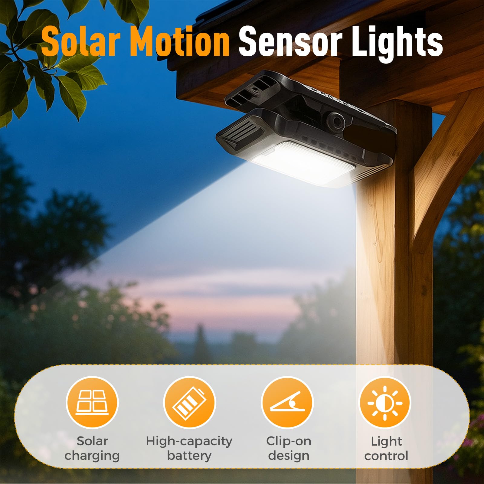 Solar Clip Light with Motion Sensor, 2026 New Portable Outdoor LED Light for Camping, Adjustable Clip On LED Security Lamp for Garden, Fence, Patio, Deck, Garage(2PCS)