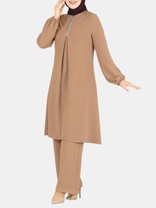 women's plain contrast sequin bishop sleeve round neck tunic top & wide leg pants islamic set, chic modesty casual long sleeve muslim top & trousers for daily wear, ladies islamic clothing for all seasons, outfit sets women, summer