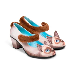 Hot Chocolate Design Mid Heels Siamese Cat Women's Mary Jane Pump Vegan Faux Fur Fabric 2.5 Inch Heel Adjustable Strap