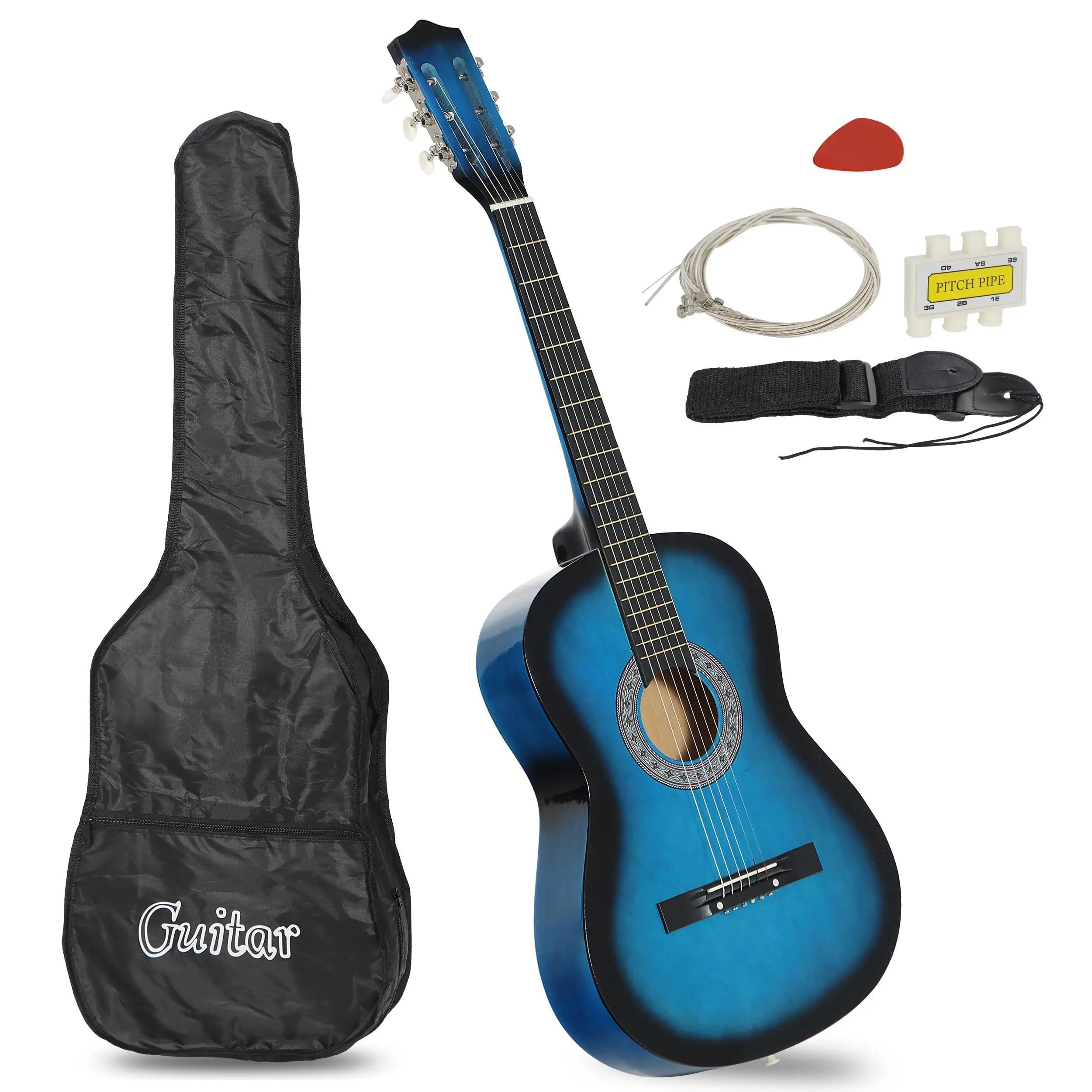 ZENY 38-in Kid Beginner Acoustic Guitar Set Right-handed W/Case, Strap, Pitch Pipe, Pick - Blue