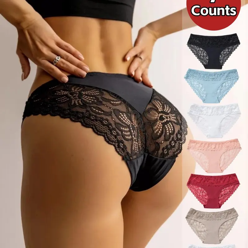 Women's Floral Lace Briefs, Fitted Panties, Lace Trim Panty, Soft Comfy Fashion Breathable Underwear Knicker for Daily Wear, Underwear for All Seasons