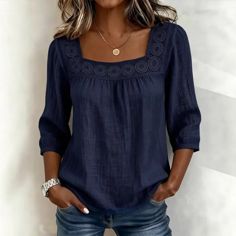 Women's Casual Patchwork Tunic with 3/4 Sleeves, Crewneck Color Block Design and Non-Stretch Fabric for Daily Wear, Blouse Top,travel essentials,camping essentials, Patchwork Look, Plain