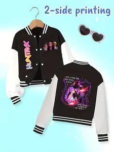 Girls Kpop Demon Hunters Baseball Jacket, Korean Romantic Print Casual Outerwear, Elastic Fabric Fall Winter Fashion, Striped Trim Jacket