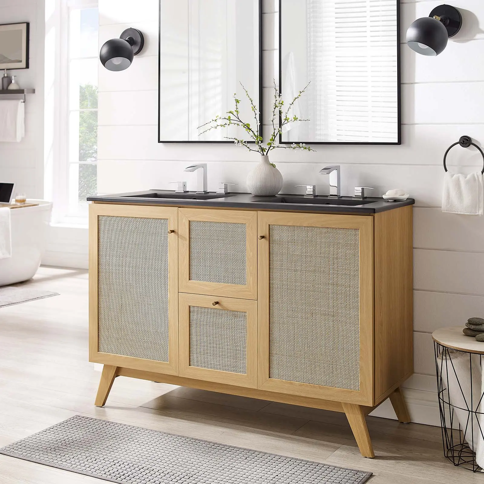 Modway Soma 48” Double Sink Bathroom Vanity, Oak Black Finish, Modern Accent Cabinet for Home Improvement Bathroom Fixture Sets