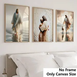 3pcs Religious Art Jesus Walking on Water Poster Print, Jesus and Sheep Wall Art Gift, Bedroom Decoration Unframed