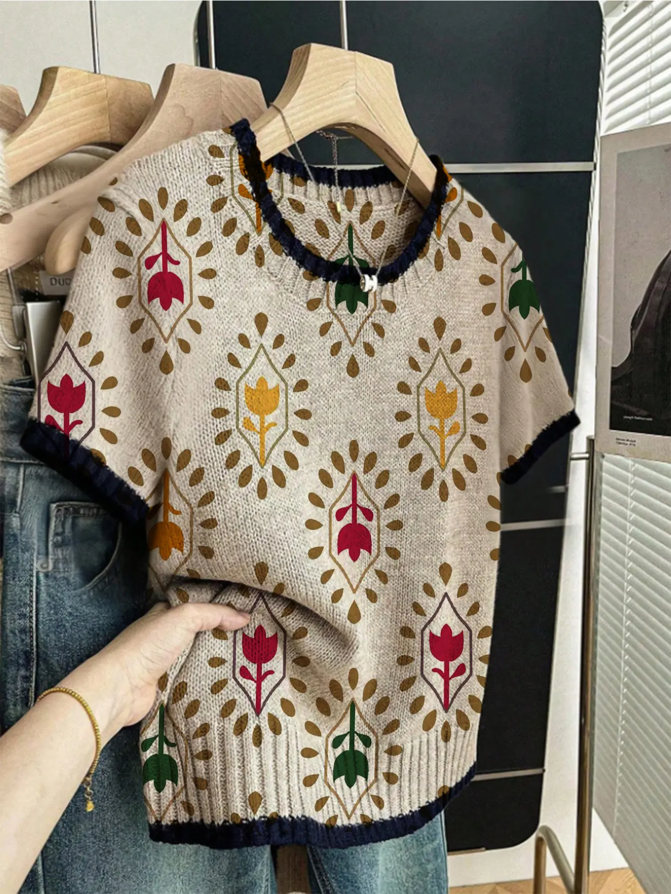 Women's Vintage Garden Style Colorblock Ethnic Geometric Floral Print Round Neck Sweater, Casual Short Sleeve Knitwear for Spring Fall, Casual Tops