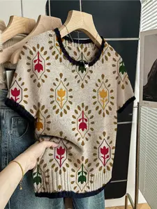 Women's Vintage Garden Style Colorblock Ethnic Geometric Floral Print Round Neck Sweater, Casual Short Sleeve Knitwear for Spring Fall