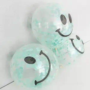 12 Inch Smiley Face Confetti Filled Latex Balloons: Green 5pk