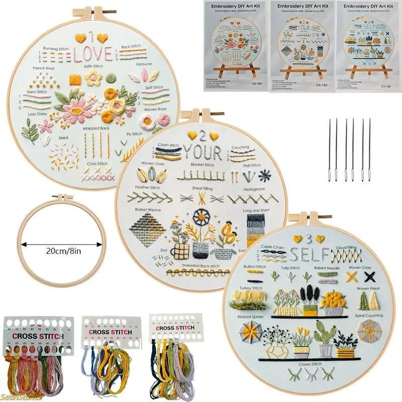 Beginner 3-Pcs Embroidery Basic Practice Set - Handkerchief Making Supplies with English Stitch Guide, Embroidery Design, DIY Needlework Materials for Skill Training