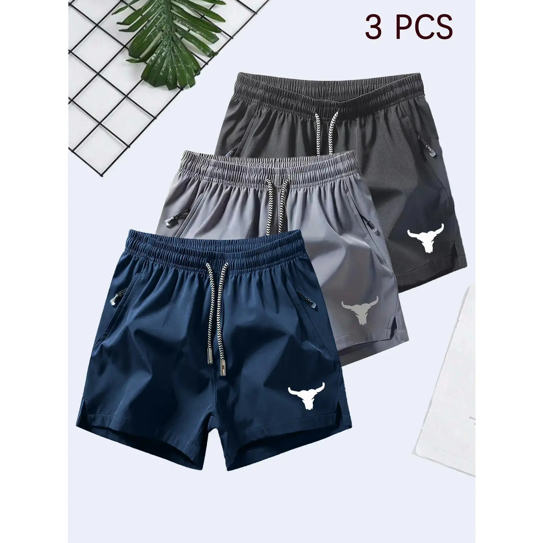 Men's 3-Pack Athletic Shorts, Unisex Bull Head Print Cotton Bottoms for Gym Workouts - Lightweight, Quick-Dry & Breathable, 3 Pcs, Active Sports, Sporty Chic