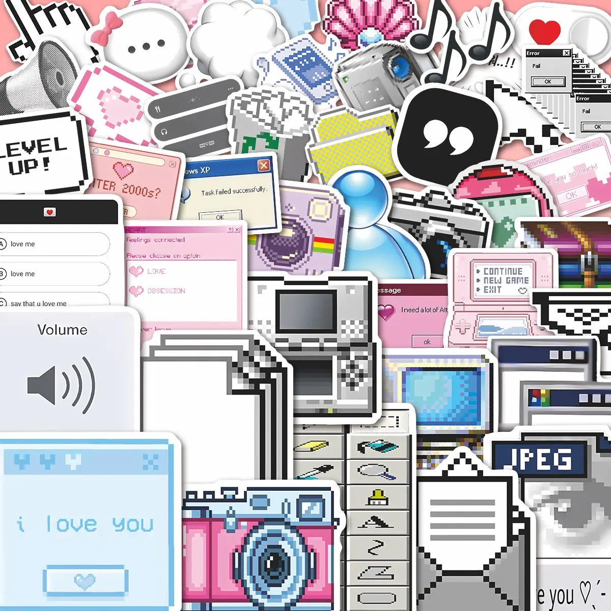 52Pcs Y2K Pixel Sticker Set Pack, Waterproof Retro Computer & 90s 2000s Aesthetic Vinyl Decals for Laptop, Water Bottle, Journal, Scrapbook & Scrapbooking, Stickers for Scrapbooking, Indie Kid Gift