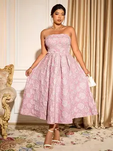 Plus Size Strapless Pink Floral Jacquard Midi Dress – A Line Princess Summer Dress| Wedding Guest / Curvy Fit