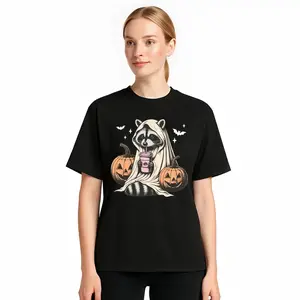 Halloween Raccoon Ghost Sports T-shirt Vintage Graphic Design Cute Horror Season Short Sleeve Retro Pumpkin Autumn Sports Top Unisex Halloween Costume
