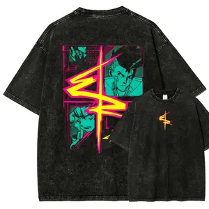 Men's Cyberpunk Edgerunner Unisex Fit Washed Round Neck Short-Sleeve Streetwear Top, Distressed Casual Festive T-Shirt18