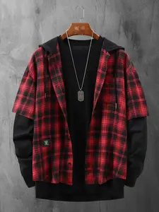 Men's Sportswear Trend Street Style Oversized Loose Plaid Faux Two-Piece Hooded Patchwork Casual Sports Jacket