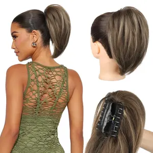 Ponytail Extension, 10" Short Claw Clip in Ponytail Hair Extensions Messy Bun Hair Piece Natural Soft Synthetic Straight Pony Tail Hair Pieces for Women - Chocolate Brown with Highlights