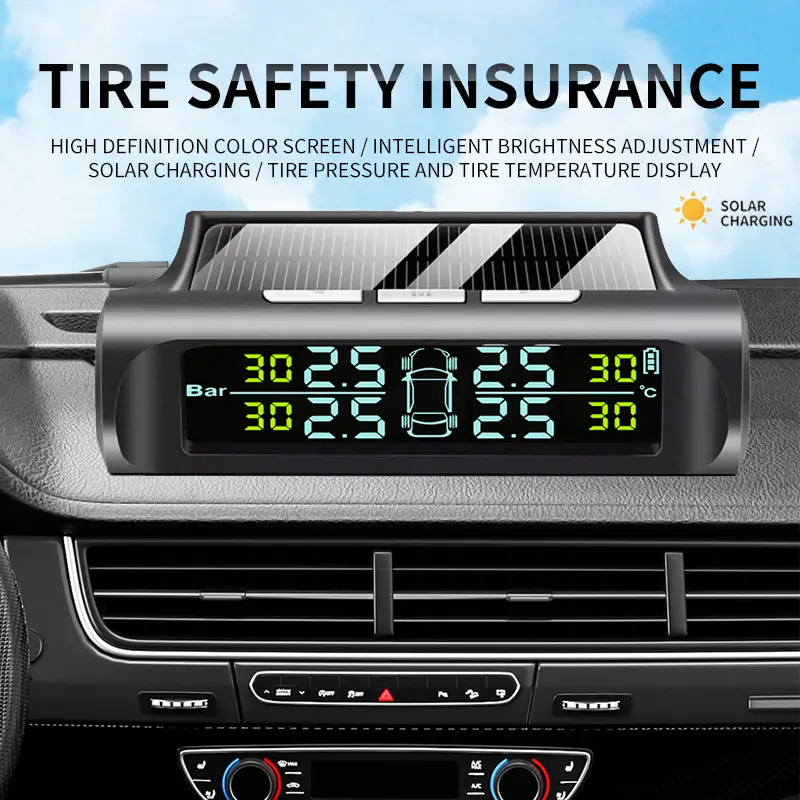 Tire Pressure Monitoring System (TPMS) – Solar-powered and USB-rechargeable tire pressure monitoring system with 4 external sensors and 6 alert modes, featuring a real-time color LCD display
