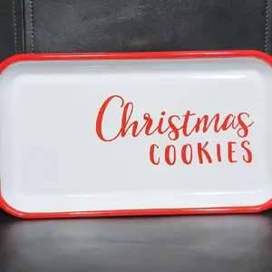 Enameled Tray "Christmas Cookies" White Red Trim Rectangle Plate 8.5" x 4.75" vintage