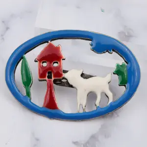 Antique silver tone enamel brooch