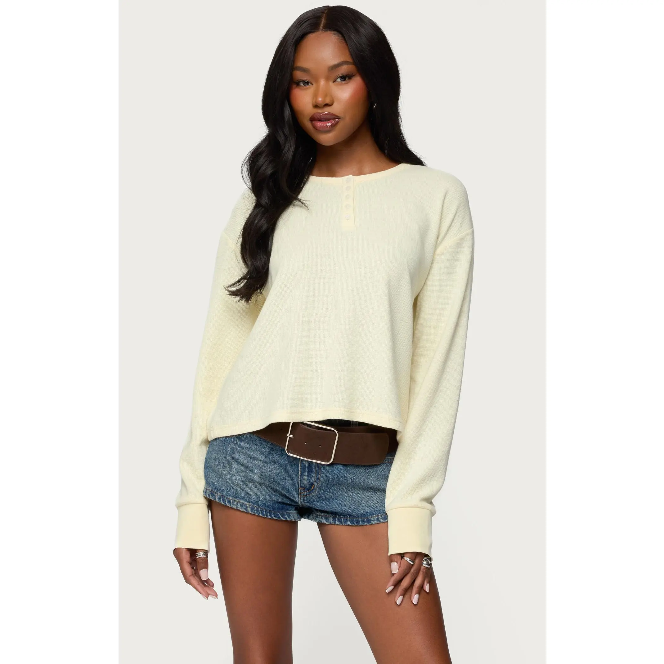 Edikted Women's Deni Long Sleeve Henley Waffle Top