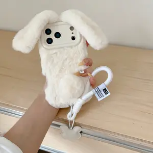 Plush Bunny Phone Case for Apple Models, Cute Protective Cover with Lanyard, Compatible with iPhone 17/16/15 Series Accessories
