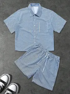 Men's Summer Vintage Casual Matching Two-Piece Set, Blue Striped Button-Up Shirt and Shorts Outfit, Perfect for Outdoor Travel Beachwear