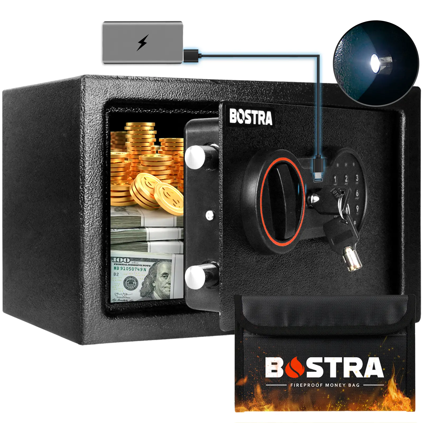 BOSTRA Home Security Safe, Electronic Password Safe with Keypad, Fireproof Money Bag, and LED Light for Enhanced Visibility, Electronic Password Safes