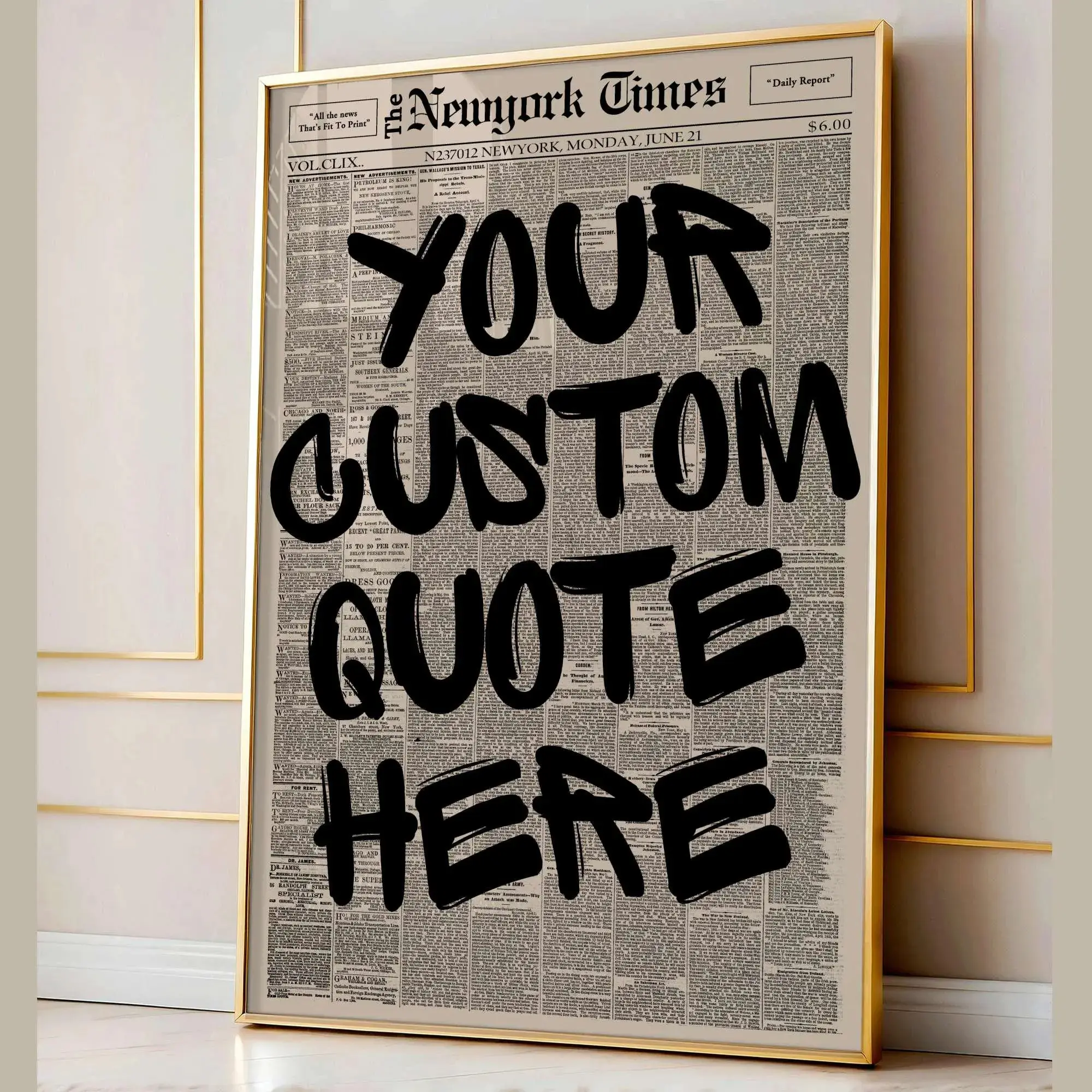 Retro Custom Quote Newspaper Poster, Personalized Quote Wall Art, Typography Poster, Wrapped Canvas Decor, Personalized Newspaper Poster
