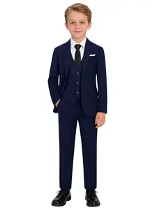 4-Piece Boys Junior Navy Blue/Black Slim Fit Formal Suit Set (Blazer + Vest + Pants + Bow Tie) | Dignified Gentleman Style | Ideal for Weddings, Graduations, Church, Party & Special Occasions - 19133