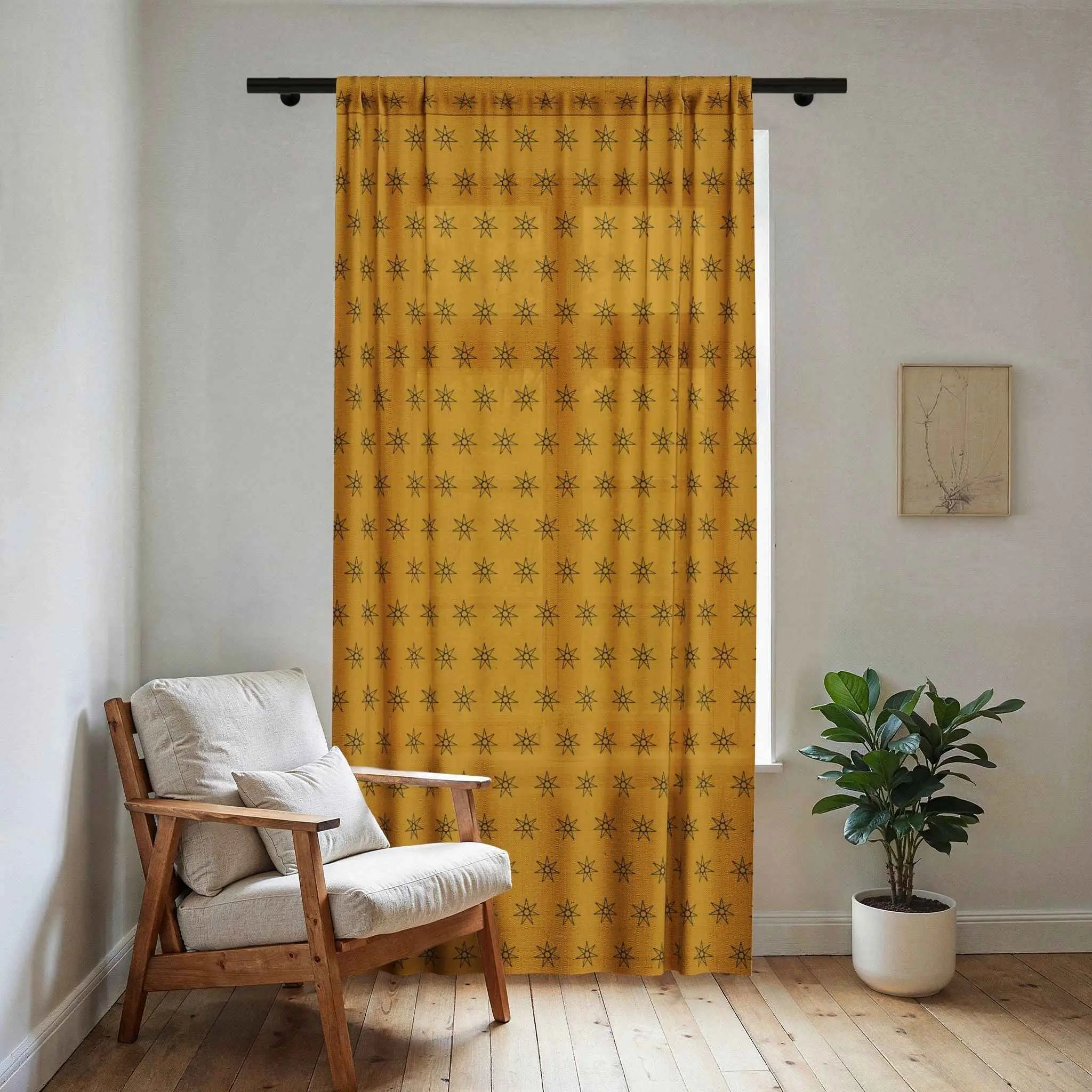 Mustard Starburst Sheer Curtains, Light-Filtering Geometric Elegance Curtains with Built-In String Lights for Home Window Decor