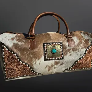 Western Cowhide Tooled Leather Duffel Travel Bag No Fringe