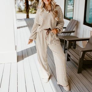 Asvivid Womens Striped Knit Pullover Top and Drawstring Wide Leg Pant Set Suits Womenswear Fall Clothes
