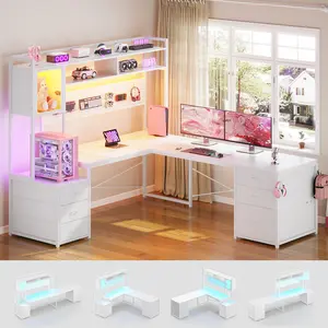 Sedeta L-Shaped Gaming Desk - Reversible Corner Unit with Built-in LEDs, Dual Workstations, Drawers, File Drawer, Hutch, Storage Shelves, Power Outlet, Stable Wood-Metal Base for Home Office Desks for Gaming