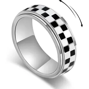 Unisex Checkerboard Rotating Ring, 8mm Classic Grid Pattern Stress Relief Band Ring, Stylish Daily Fashion Jewelry Gift for Men Women