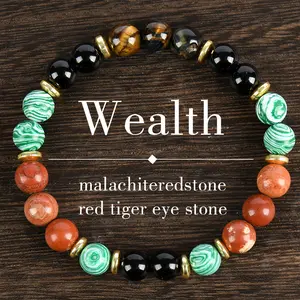 Crystal bracelet Wealth Money Attraction Bracelet With Natural Stones - Malachite, Red Tiger Eye, Redstone, Elastic Fit For Prosperity And Abundance, Ideal Gift For Family And Friends