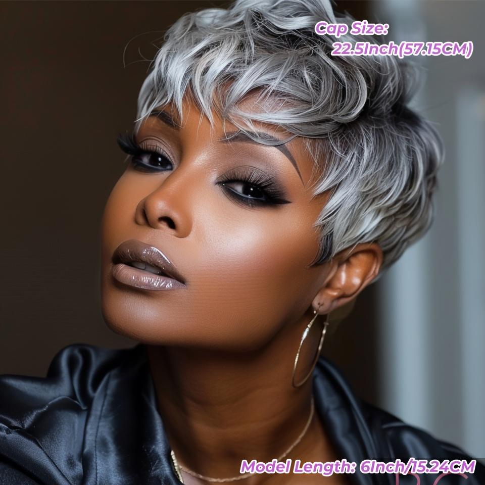 "Women's Chic Pixie Cut Human Hair Wig Ash Grey Balayage Glueless 150% Density Brazilian Remy Hair Layered Bangs Natural Fullness For Daily & Special Events "	