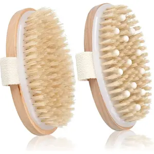 2 Pack Dry Brushing Body Brush, Natural Bristle Exfoliating Brush with Massage Nodes, for Lymphatic Drainage and Improving Skin Health and Reduces Acne