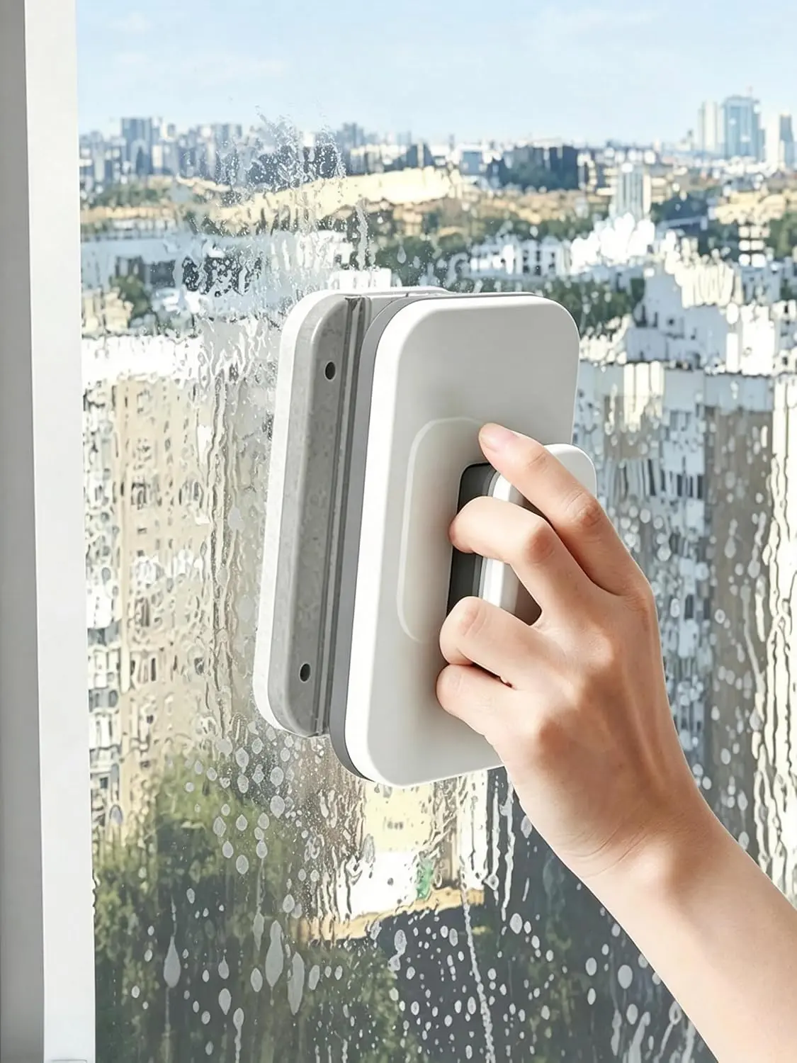 Magnetic Window Cleaner - Double Sided Magnetic Window Washer with Large Grip & Safety Rope - Strong Magnet Glass Cleaner for 3-10mm Windows - Household Cleaning Tool