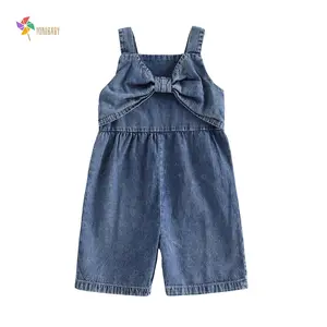 Toddler Baby Girl Denim Overalls Sleeveless Square Neck Bow Front Solid Color Romper Toddler Jumpsuit