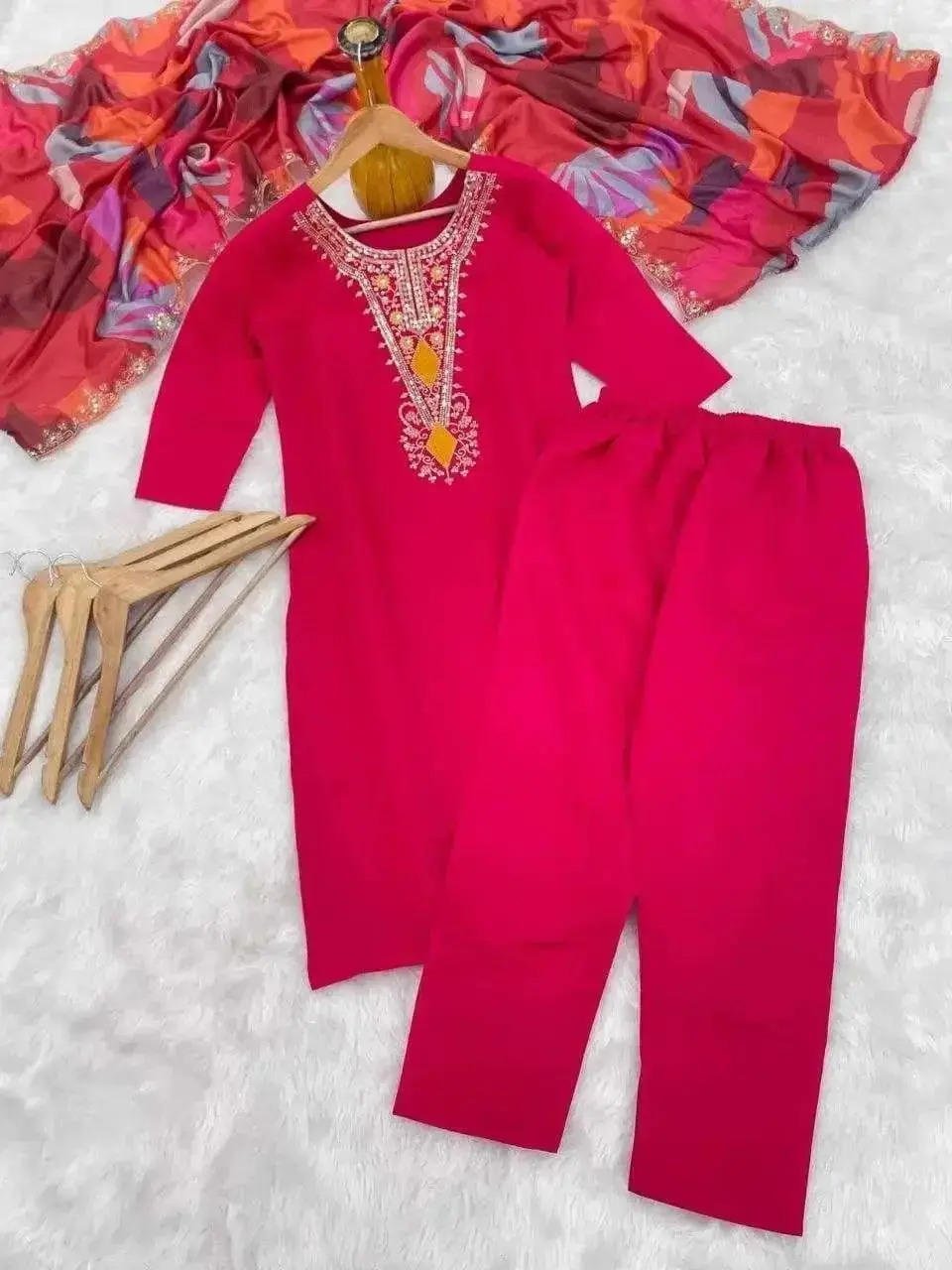 Indian Straight Kurti with Pants - Roman Silk Magenta