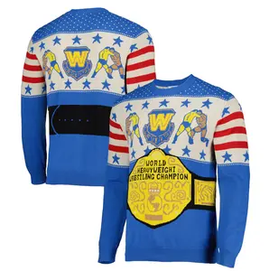 WWE World Heavyweight Champion Christmas Sweater – Blue Holiday Knit Pullover with Retro Wrestling Belt Design | Ugly Xmas Sweater