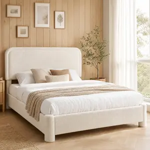 Bed Frame, Luxurious Teddy Boucle Platform Bed with Adjustable Headboard and Footboard, Soft Rounded Corners, No Box Spring Required, Non-Slip and Noise-Free, Easy Assembly