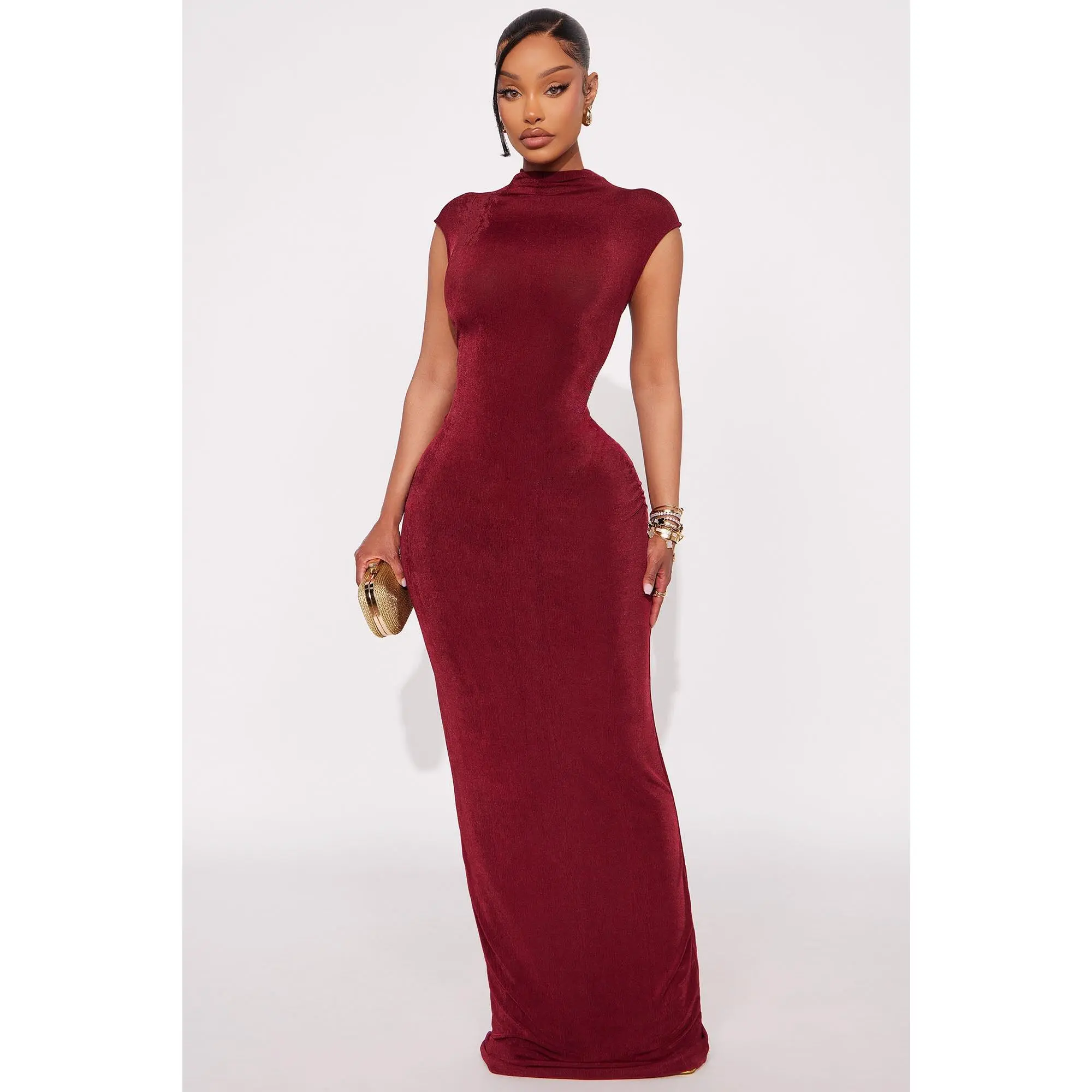 Ella Mock Neck Maxi Dress - Burgundy