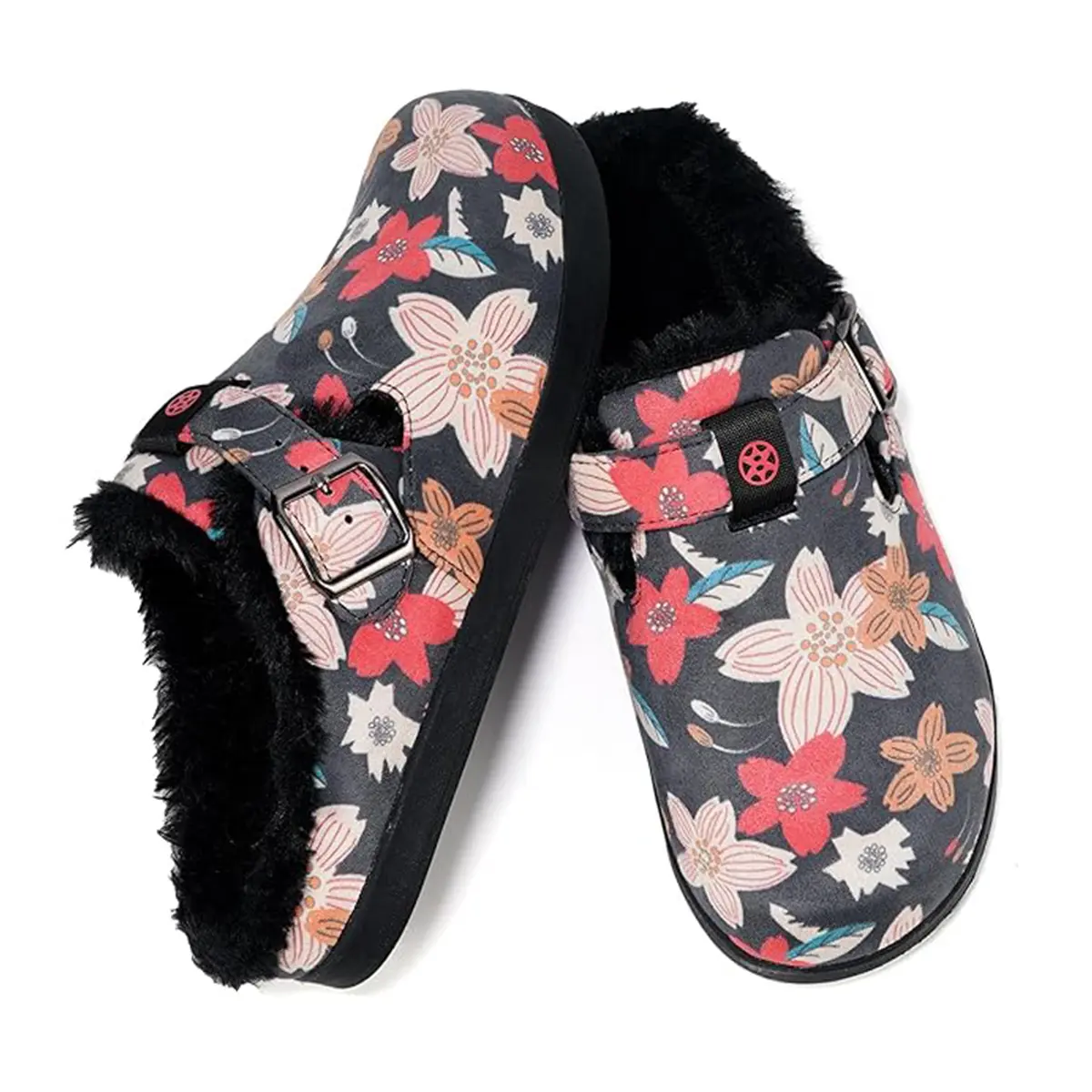 Floral Patterned Slippers with Soft Lining and Buckle Closure for Comfortable Indoor Wear Fur Lined Clogs for Women Men Winter Slippers