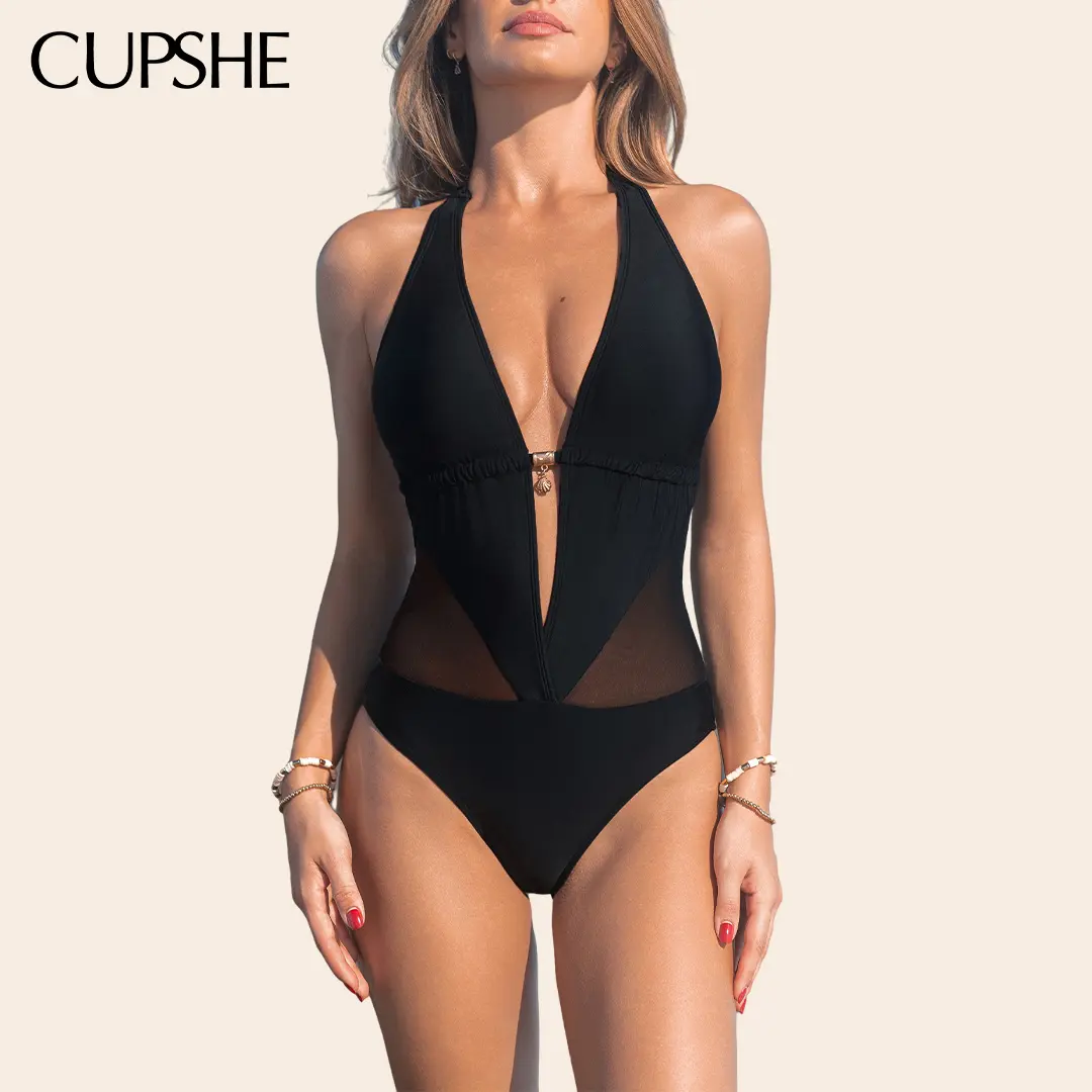 CUPSHE Plunging Halter One-Piece Swimsuit Swimwear with Tummy Control Mesh, Gold Charm Bathing Suit, Slimming Monokini for Beach Vacation 2026 Bathing suit #summerfinds