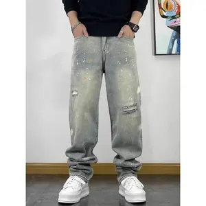 American Retro Street Style Personalized Printed Straight Leg Jeans for Men , Baggy Jeans Vintage Distressed Patchwork Jeans Men's Straight Loose