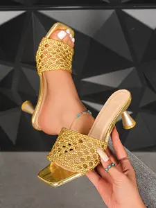 Women's Gold Metallic Woven Square Toe Cone Heel Slides, Luxury Party-Chic Style, Open Toe, Perfect for Party & Daily Outfits #LuxuryPartyShoes, #GoldMetallicHeels, #ChicOpenToeSlides