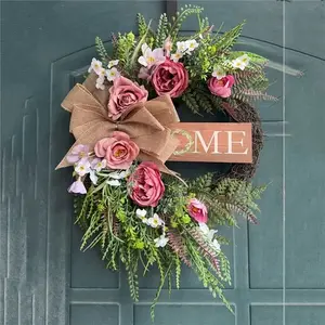 Neutral Color Farmhouse Style Wreath with Peony Flowers, Home Signboard, Hemp Cloth Bow, All-Season Decor, Mixed Floral Wreath for Porch, Living Room, Entryway, Decorative Flower Wreath