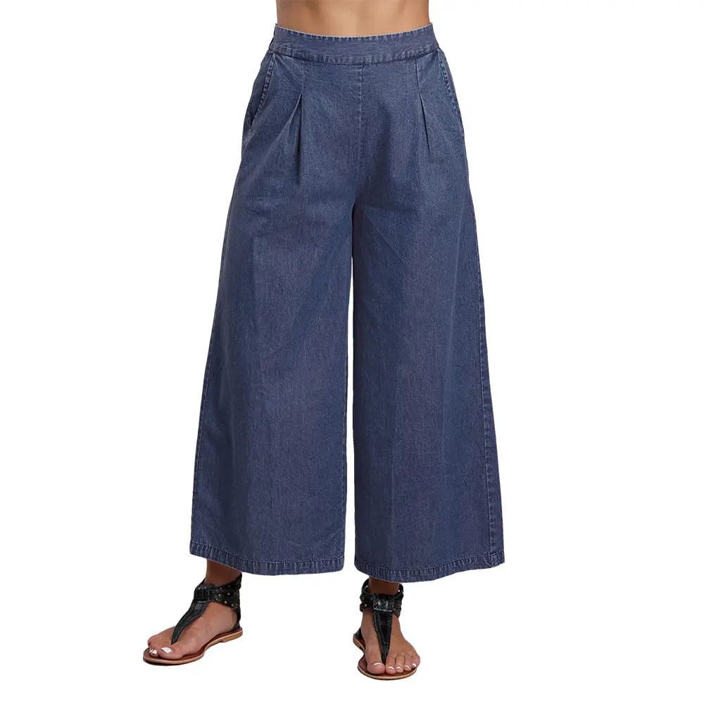 Women's Roper Basic Plain Denim Wide-Leg Cropped Capri Jeans, Elastic Waist Loose-Fitting Casual Bottoms, Capri Length Jeans, Loose Cropped Jeans