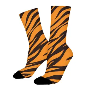 Unisex Tiger Stripe Crew Socks - Casual Saturated Orange and Black Animal Print Polyester Athletic Socks, Trendy Streetwear Skateboard Socks for Men and Women, Comfortable Elastic Mid-Calf Novelty Socks